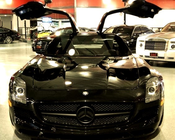 Black Mercedes SLS Coupe with Doors Upwww.DiscoverLavish.com